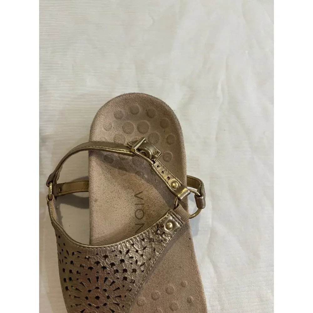 Vionic Kirra Sandals Gold Perforated Leather Thong Slingback Arch Support 10
